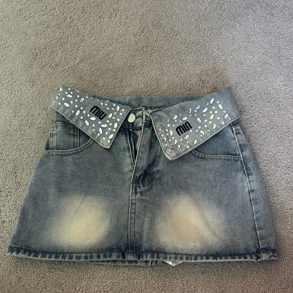 Embellished Denim Mini Skirt - Gray with Crystal Detail size XS!